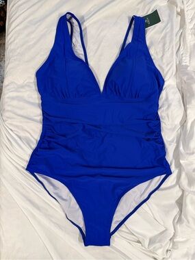 Women’s Royal Blue V-Neck One-Piece Swimsuit with Ruched Waist